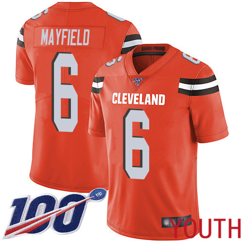 Cleveland Browns Baker Mayfield Youth Orange Limited Jersey #6 NFL Football Alternate 100th Season Vapor Untouchable->youth nfl jersey->Youth Jersey